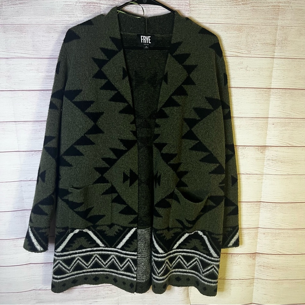 Frye Green Black Aztec Geometric Open Front Cardigan‎ Medium